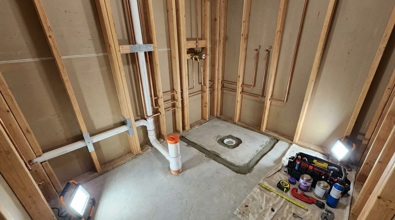 Bathroom rough-in plumbing during remodel by Johns Plumbing LLC in Condon