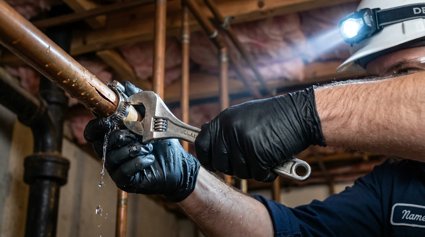 Emergency pipe clamp repair being performed by a Johns Plumbing LLC plumber in Condon