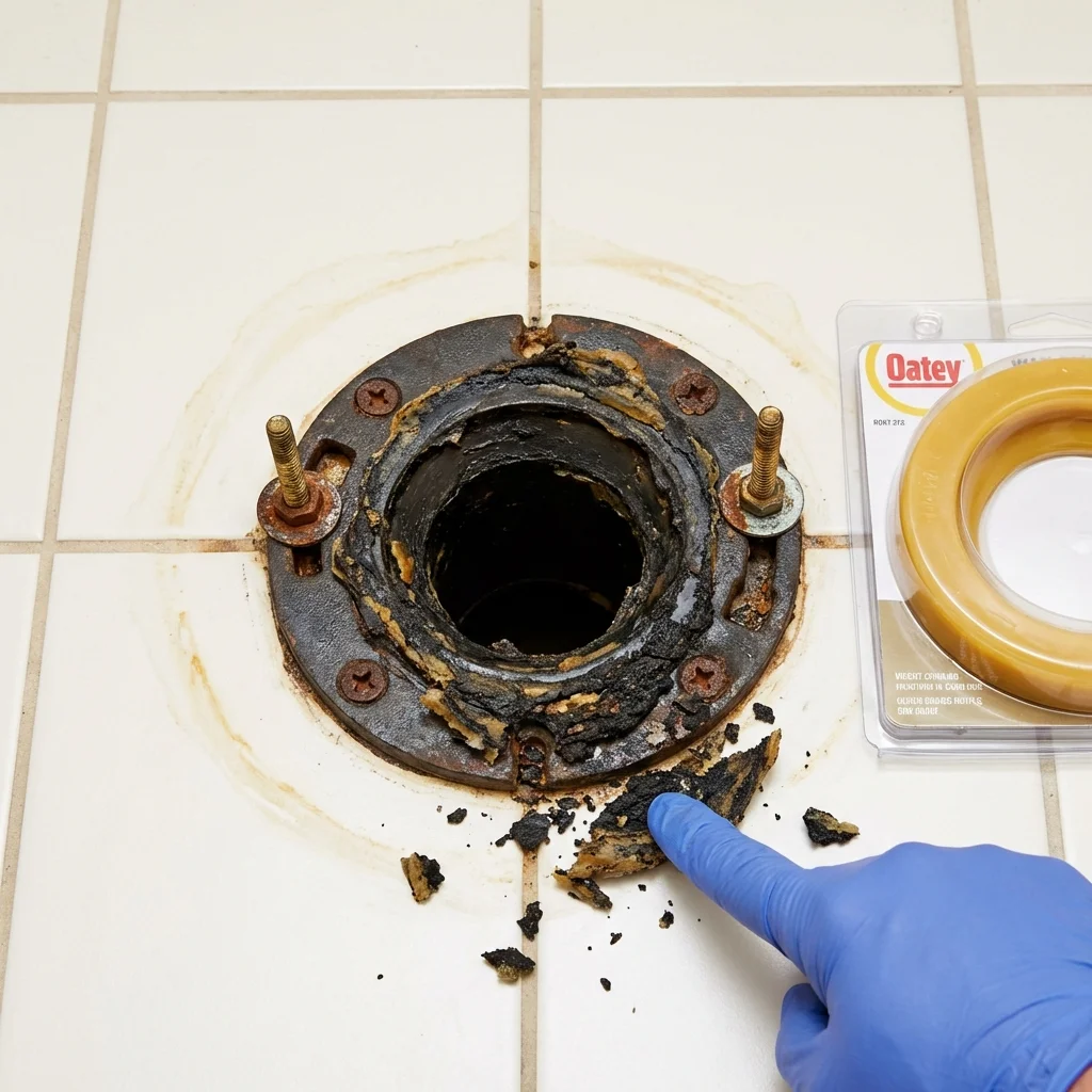 Failed wax ring showing water seepage at the base of a toilet in a Condon, OR home