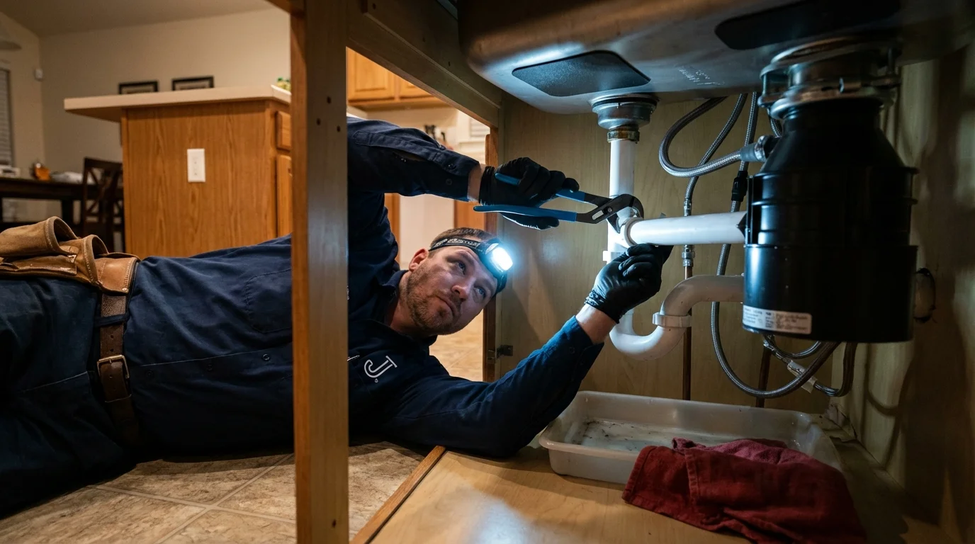 P-trap and supply line connections under a kitchen sink showing a common leak point in Condon, OR